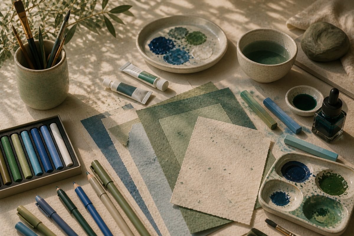 Paint, brushes and art materials arranged on a work surface